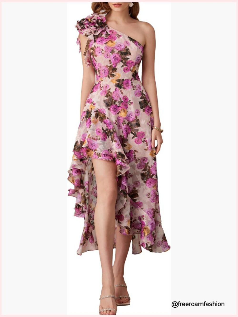 One Shoulder Floral Maxi Dress High Low Hem Wedding Guest Formal
